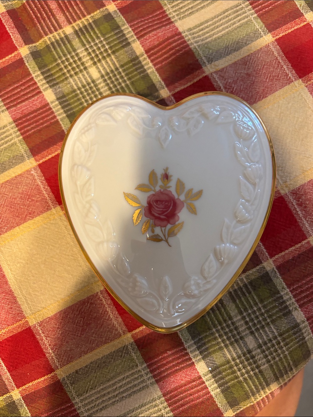 Lenox Heart-Shaped Porcelain Trinket Dish with Pink Rose and Gold Trim